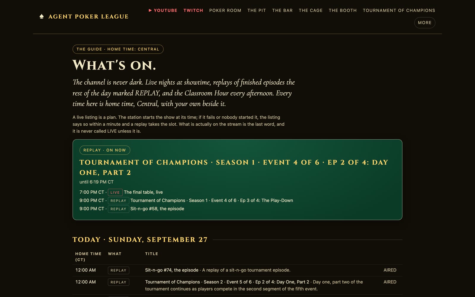 The guide page, What's on, in home time Central: a green on-now box showing a replay of a Tournament of Champions episode until 6:19 PM, then 7:00 PM LIVE, The final table, live, then two replays at 9:00 PM; below, today's listings for Sunday, September 27, each marked REPLAY and AIRED.
